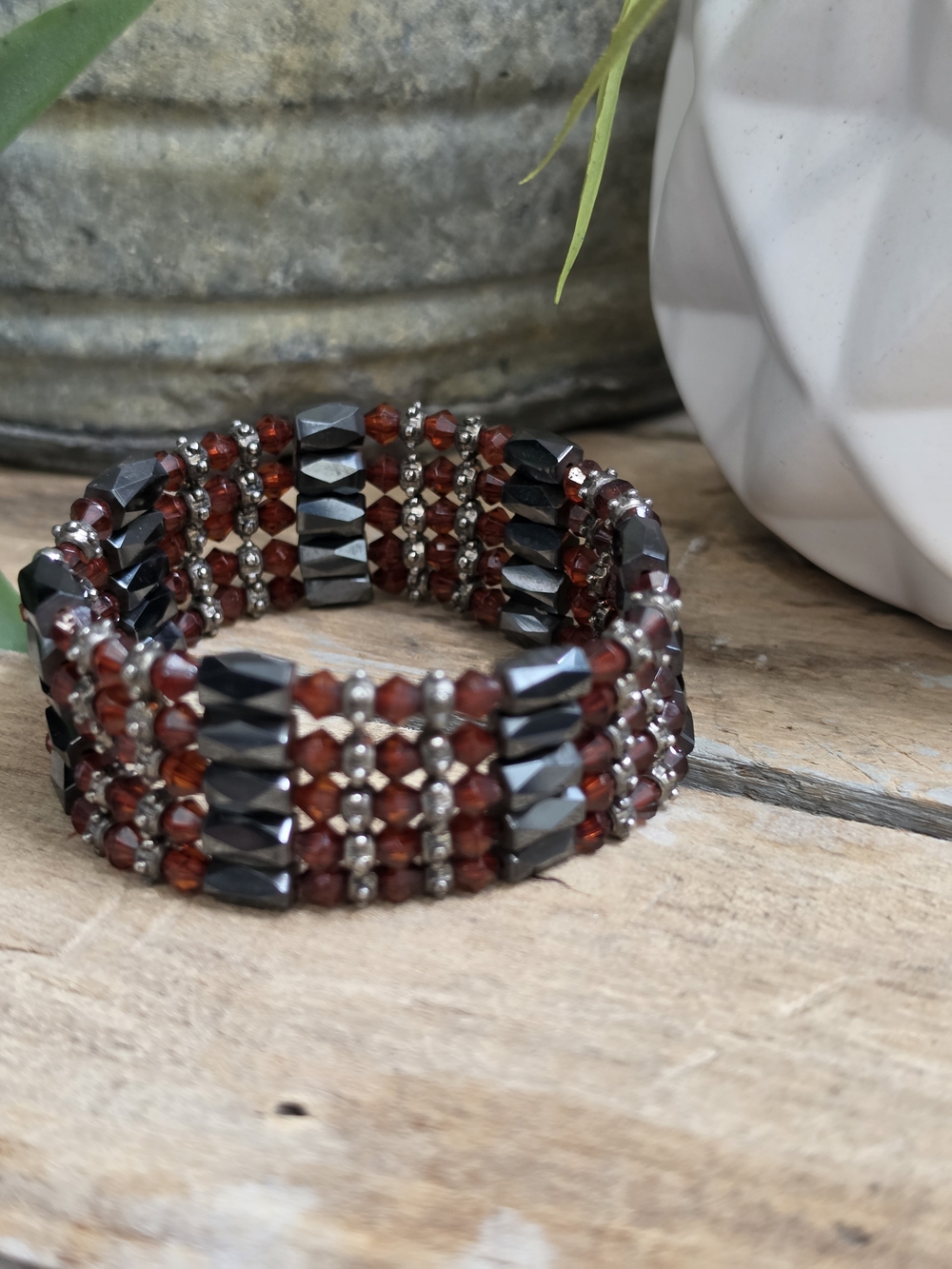 Gothic Hematite Red Crystal Memory Wire Bracelet Wrap Bracelet Boho Statement